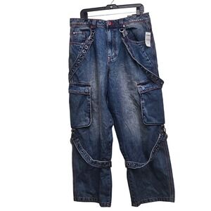 Vitriol Cargo Jeans Mens 32 Blue Strappy Vamp Ultra Wide Red Stitch Goth Grunge
